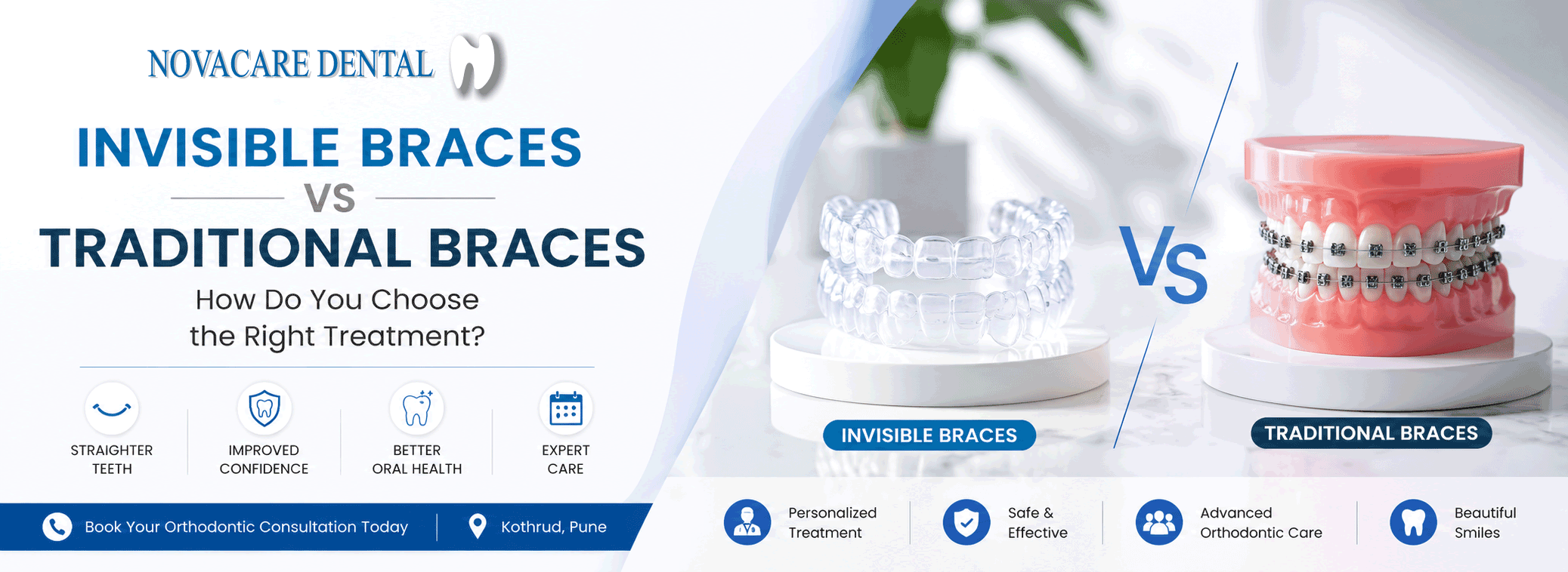 Invisible braces vs traditional braces comparison at NovaCare Dental in Pune