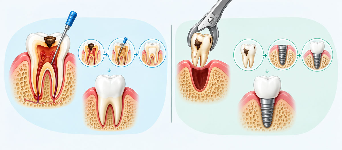 Root canal treatment versus tooth extraction for a damaged tooth