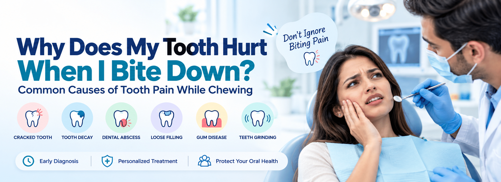 Why does my tooth hurt when I bite down? Dentist examining a patient with tooth pain caused by cracked teeth, cavities, or gum problems.